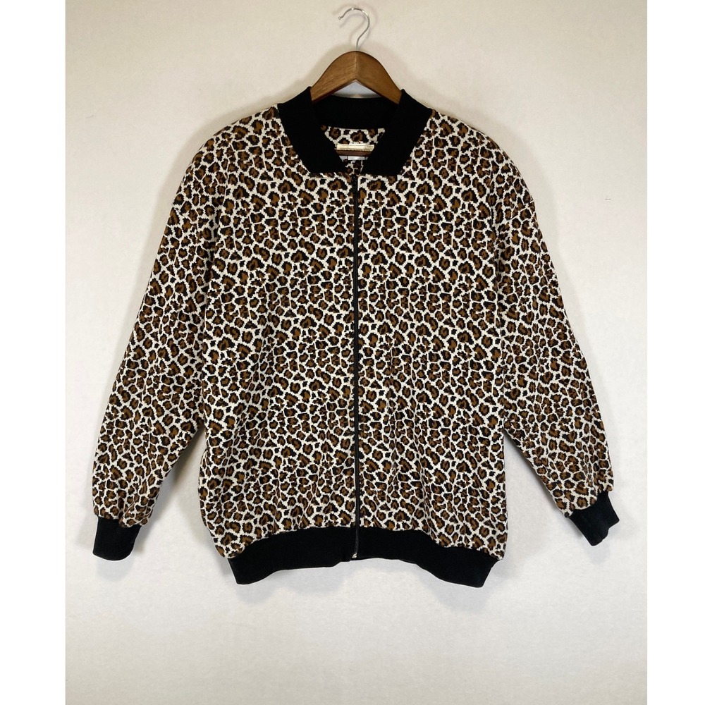 Mob Wife Aesthetic Horchow VTG Women XL Brown Leopard Print Zip Up Bomber Jacket